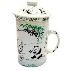 World Market Asian Bamboo Panda White Ceramic Tea Mug w/Lid & Infuser